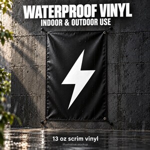 a banner with a lightning bolt symbol on it, mounted on a wall.