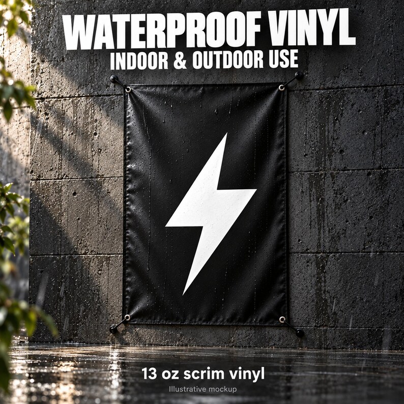 a banner with a lightning bolt symbol on it, mounted on a wall.