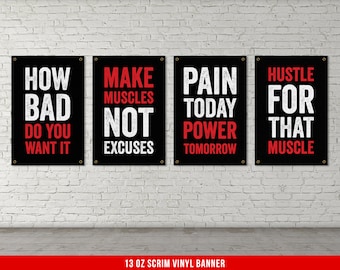 Gym Quote Banners - Set of 4 - Home Gym Decor - Large Quote Wall Art - Weightlifting Fitness