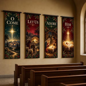 May include: Four vertical fabric wall banners featuring a Christmas nativity scene. Each banner displays a portion of the text O COME, LET US, ADORE, HIM, decorated with holly and berries. The imagery includes a star, shepherds, sheep, and the holy family.