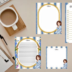 May include: Four stationery sheets featuring blue and white vertical stripes, gold oval frames, and an illustration of a person with brown hair in blue pajamas praying. The sheets include text labels for Notes and To Do List with lined sections.