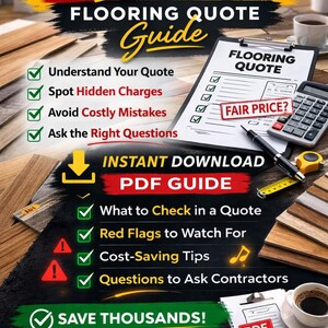 May include: A promotional graphic with the text "Am I Being Ripped Off? Flooring Quote Guide." The image includes a clipboard with a "Flooring Quote" checklist, a calculator, and a measuring tape. The guide offers tips on avoiding costly mistakes and saving money.