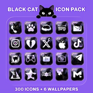 May include: A digital icon pack featuring a black cat theme on a purple background. The set includes 300 icons and 6 wallpapers. Each square icon displays a glossy black finish with white cat-themed graphics, including paws, hearts, and various app logos.