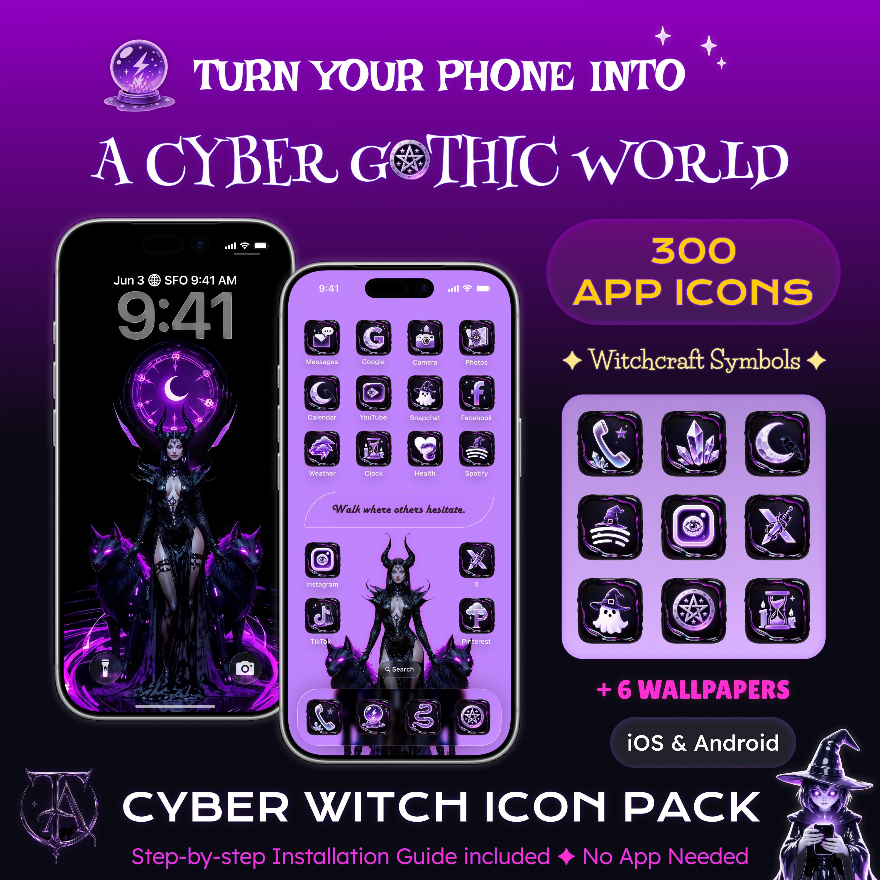 300 Cyber Witch App Icons + 6 Wallpapers | Witchcraft Symbols | Purple Gothic Icon Pack (iOS/Android)
