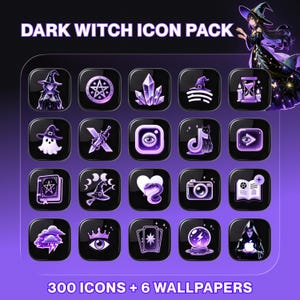 300 Dark Witch App Icons + 6 Wallpapers | Gothic Liquid Glass Theme (iOS/Android) | Purple Home Screen