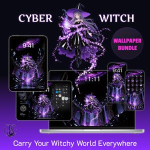 Cyber Witch Wallpaper Bundle | Futuristic Dark Fantasy iPhone, iPad & Desktop Background | Neon Purple Aesthetic Lock Screen Theme