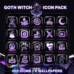 Puede incluir: Un paquete de iconos digitales con temática de bruja gótica. El paquete incluye 300 iconos y 6 fondos de pantalla. Cada icono es un cuadrado negro con un gráfico púrpura, como una bruja, un cristal o un gato. El texto "GOTH WITCH ICON PACK" está en la parte superior.