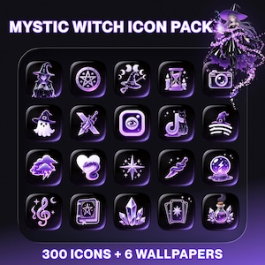 May include: A digital icon pack labelled "Mystic Witch Icon Pack" featuring 18 unique icons with a witchy theme. The icons are in shades of purple and white, set against a black background. The pack includes 300 icons and 6 wallpapers.