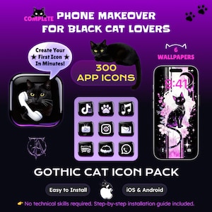 300 Gothic Black Cat App Icons + 6 Anime Wallpapers | Black Liquid Glass Theme (iOS/Android)