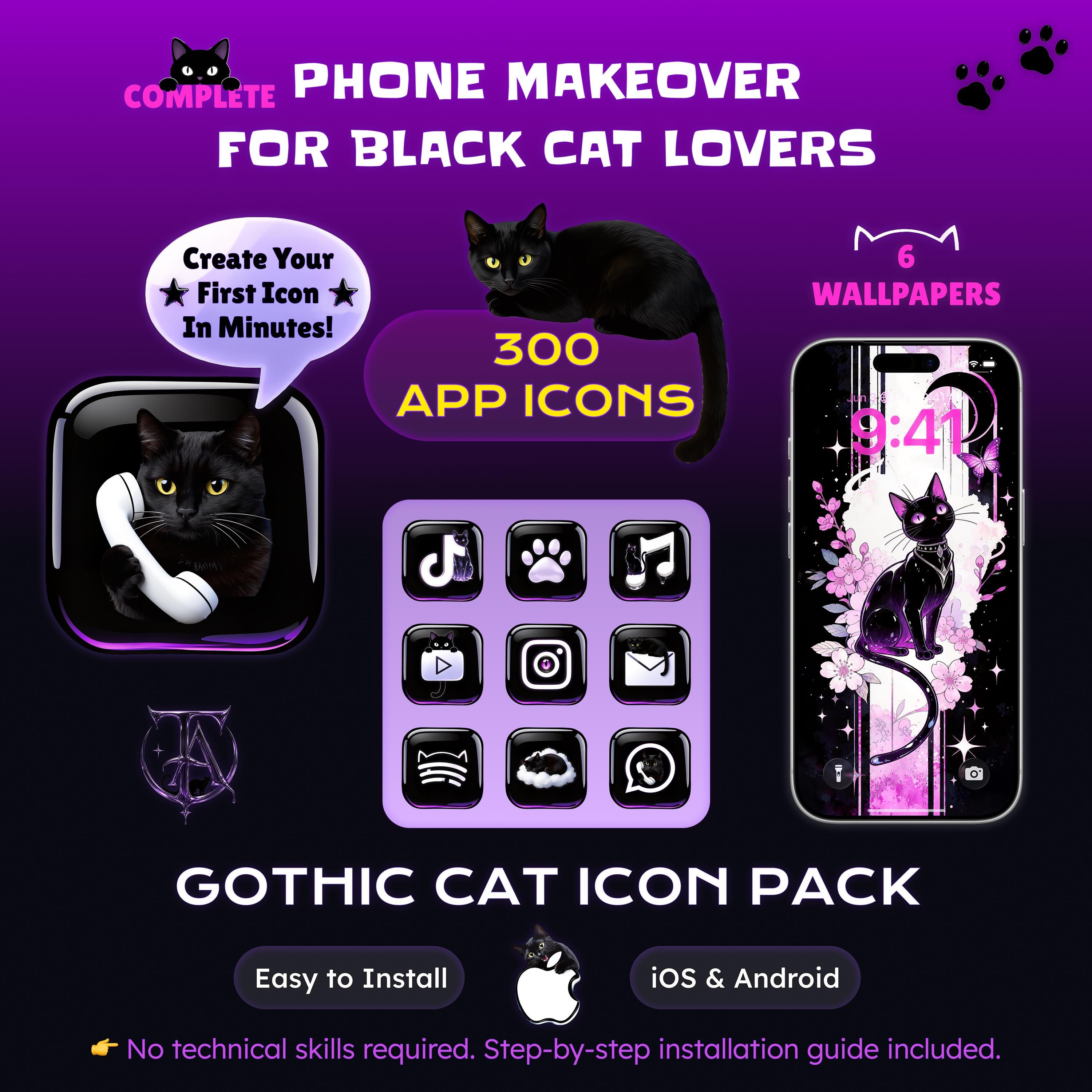 300 Gothic Black Cat App Icons + 6 Anime Wallpapers | Black Liquid Glass Theme (iOS/Android)