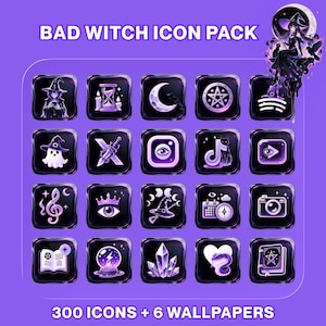 May include: A digital icon pack titled BAD WITCH ICON PACK featuring 300 icons and 6 wallpapers. The set includes twenty square, dark purple, glossy app icons with various mystical symbols like a pentagram, crystal ball, moon, and witch hat.