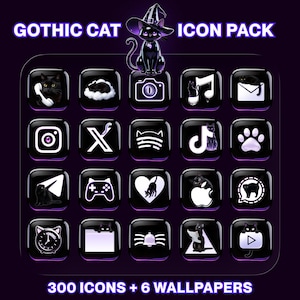 300 Gothic Cat App Icons | Black Liquid Glass Theme (iOS/Android) | Purple Cyber Goth Home Screen Setup