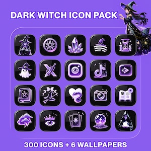 300 Dark Witch App Icons + 6 Wallpapers | Gothic Liquid Glass Theme (iOS/Android) | Purple Home Screen