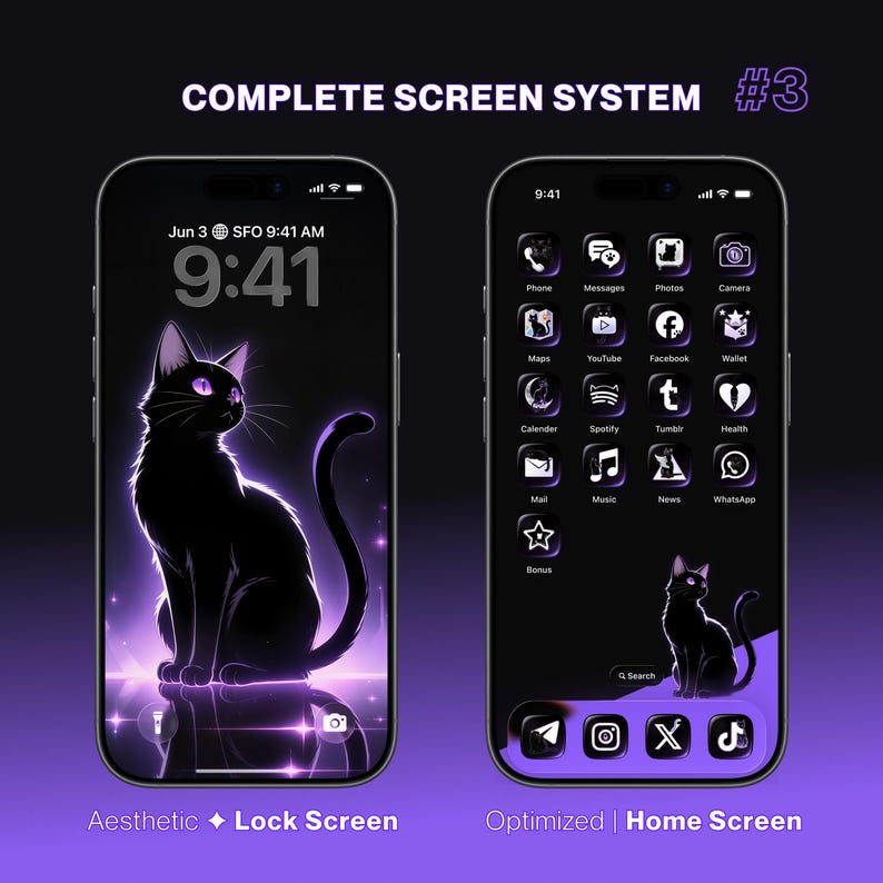300 Black Cat App Icons + Wallpaper Kit | Custom Design Icon Pack (ios ...