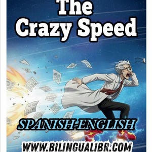 Puede incluir: Ilustración de un científico corriendo con papeles volando detrás de él. El texto "The Crazy Speed" está arriba y "SPANISH-ENGLISH" abajo. También se muestra la dirección del sitio web www.bilingualibr.com.