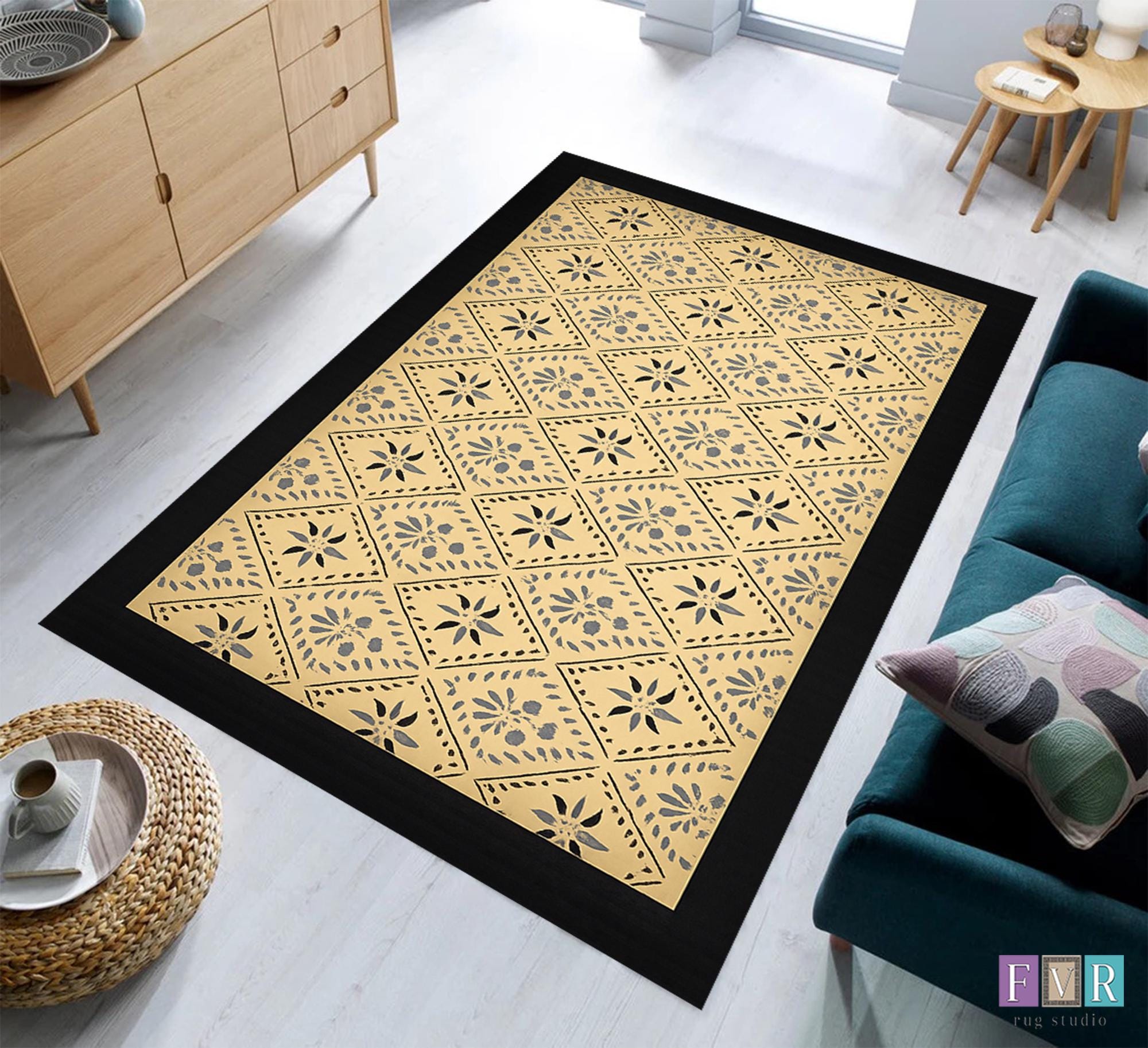 Folk Pattern Rug Early American Floorcloth. Primitive Floor Cloth. Folk Art Area Rug ...
