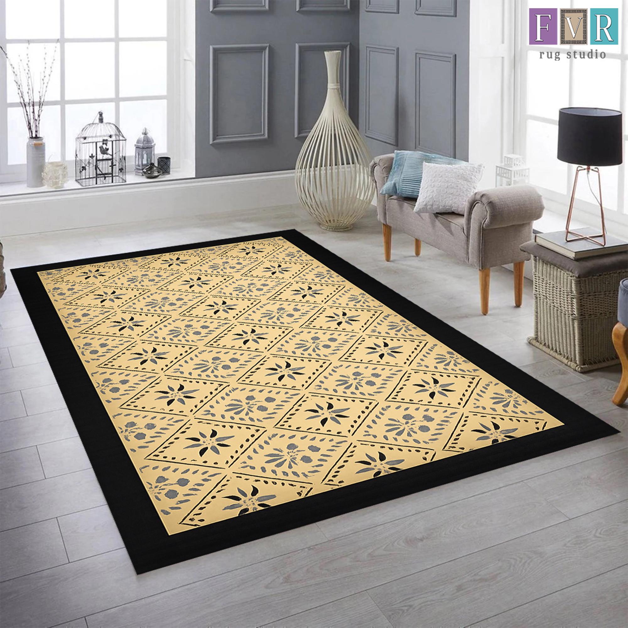 Folk Pattern Rug Early American Floorcloth. Primitive Floor Cloth. Folk Art Area Rug ...