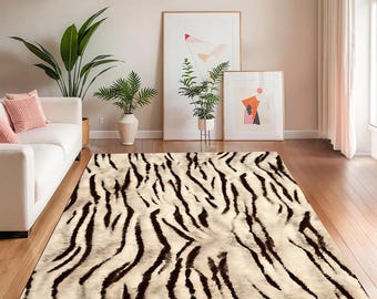 Zebra Print Area Rug Neutral Living Room Rug Modern Animal Print Carpet Beige Brown Large Floor Rug Safari Decor Minimalist Home Style