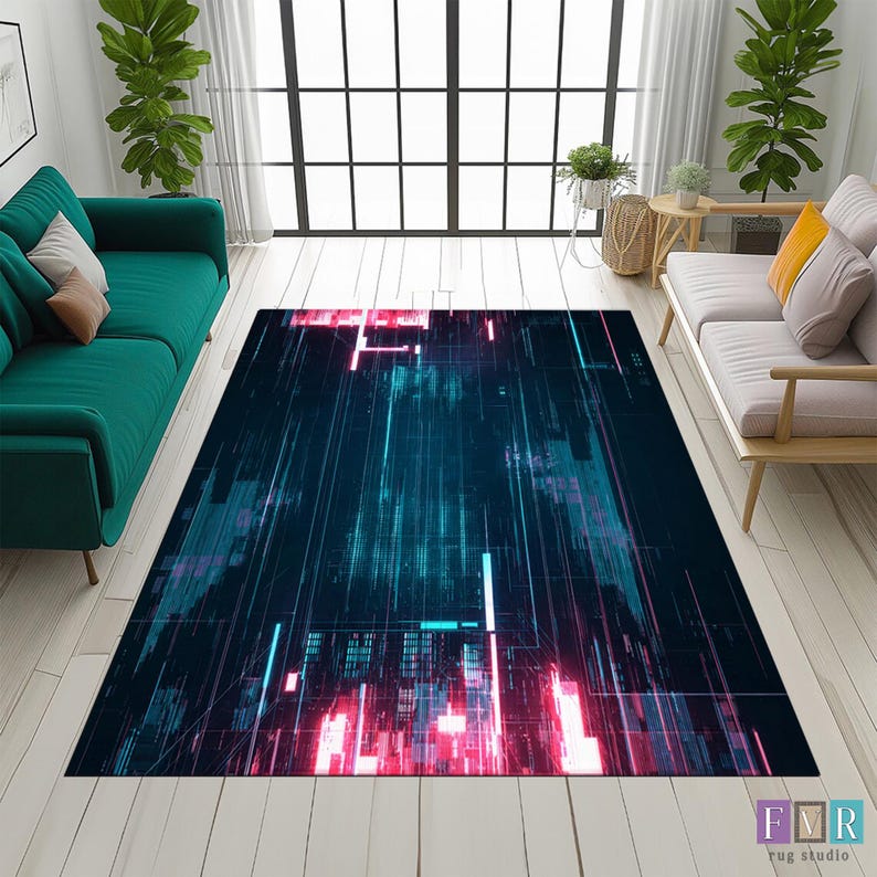 Futuristic Cyber Grid Rug, Sci-fi Glowing Holographic Tech Rug ...