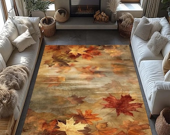 May include: A rectangular rug with a design of autumn leaves. The rug's colour scheme is warm, with browns, oranges, and yellows, and scattered maple leaves. The design creates a cosy, autumnal atmosphere, suitable for living rooms.