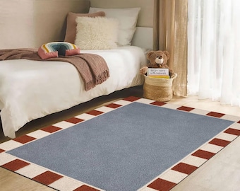 Tapis bleu pelucheux pour enfants - Tapis de salle de jeux à bordure moderne à carreaux