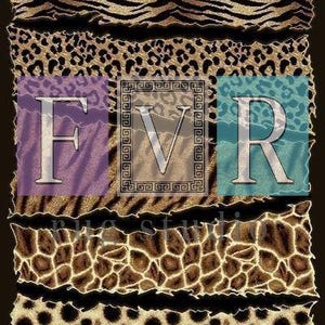May include: A decorative design featuring animal print patterns, including tiger stripes, leopard spots, and giraffe spots. The letters "FVR" are displayed in the center, with a purple, brown, and teal background. The text "rue studio" is also visible.
