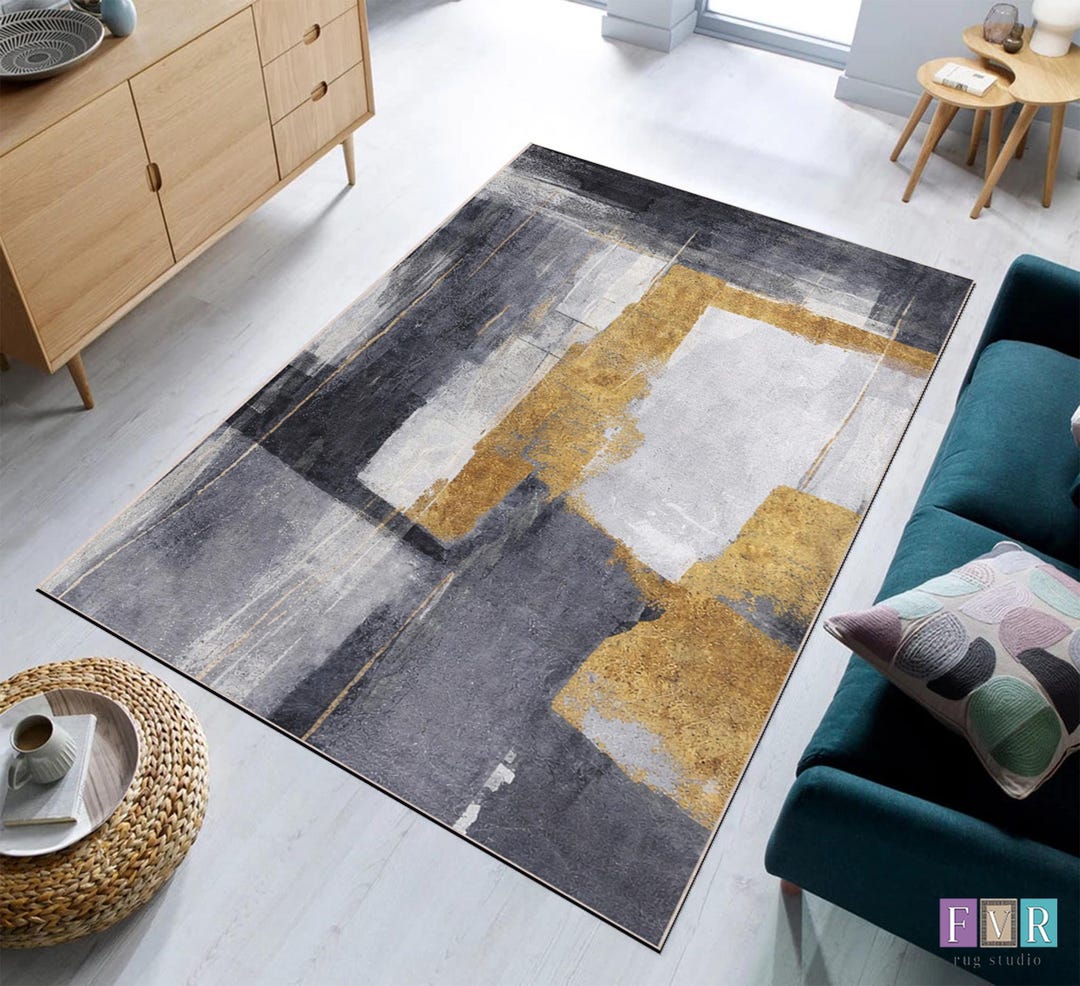 Modern Abstract Art Rug - Dramatic Brushstroke Gold Pattern Living Room ...