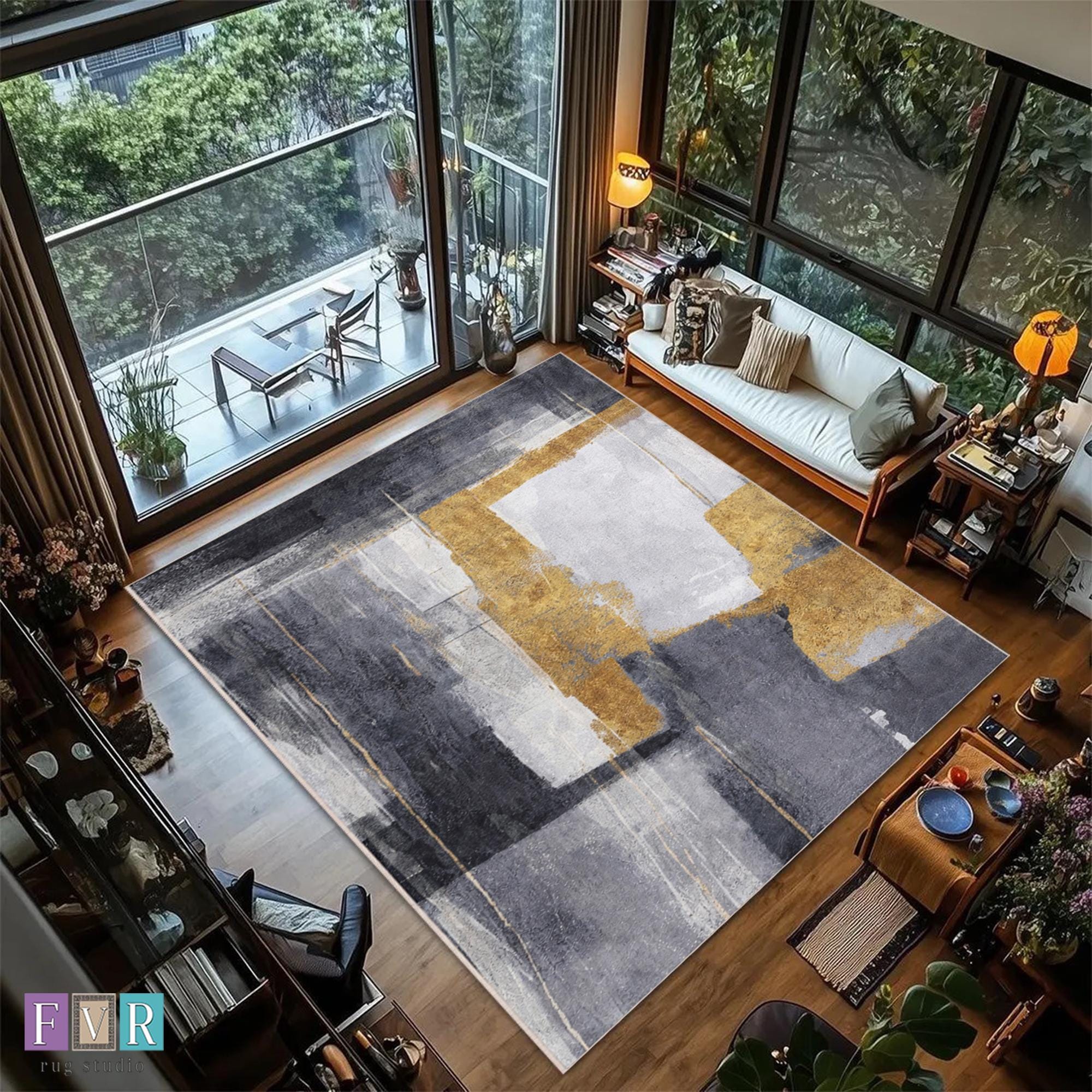 Modern Abstract Art Rug - Dramatic Brushstroke Gold Pattern Living Room ...