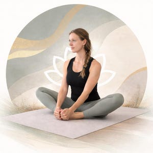 Op de afbeelding: Een persoon in een zwarte tanktop en grijze legging zit in een yogahouding op een lichtgrijze mat. De achtergrond heeft een zacht, abstract ontwerp met goud- en neutrale tinten en een witte lotusbloem.