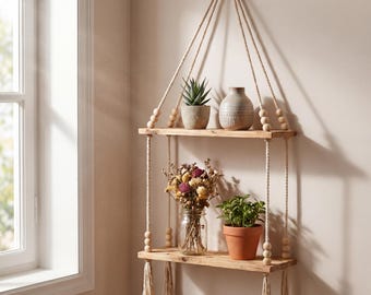 Estante colgante de macramé: organizador rústico de cuerda de madera, decoración de pared bohemia, expositor de plantas.
