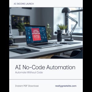 Op de afbeelding: Een laptop met "AI & No-Code Automation" staat op een witte tafel. De tekst "Automate Everything" en "YJUM CODE" zijn ook zichtbaar. De afbeelding promoot een "Directe PDF Download" voor AI-automatisering.