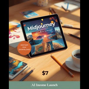 May include: A tablet displaying "Midjourney AI Art Guide" with landscape art examples. The image includes a coffee cup, pencils, and the text "Instant PDF Download". The price is $7, with "AI Income Launch" at the bottom.