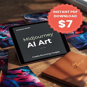 May include: A digital tablet displays the text "Midjourney AI Art" with the tagline "Create Stunning Images." A red circular graphic reads "Instant PDF Download" and "$7." The tablet rests on a wooden surface with abstract art prints and a brown leather notebook.