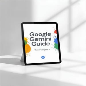 May include: A black tablet displaying the text "Google Gemini Guide" with the subtitle "Master Google's AI." Colorful paint splatters in orange, blue, green, and red accent the screen. The tablet is propped up on a white surface.
