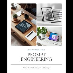 May include: A promotional image featuring three different setups with tablets and books. The tablets display the text "PROMPT ENGINEERING MASTERY" and "ERSINING". The image also includes the text "ELEVATE YOUR SKILLS" and "PROMPT ENGINEERING" with the tagline "Master the art of writing better AI prompts."