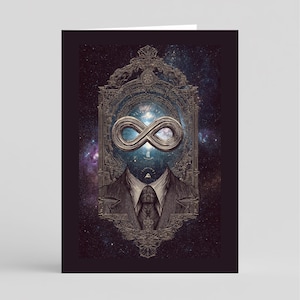 Puede incluir: Tarjeta de felicitación con una ilustración surrealista. Un símbolo de infinito plateado flota sobre una figura con traje y corbata, sobre un fondo cósmico. La obra de arte está enmarcada dentro de un borde ornamentado de estilo vintage.