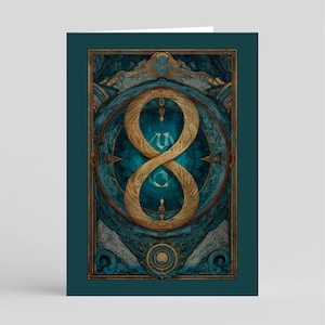 Puede incluir: Tarjeta de felicitación con borde verde azulado que presenta una ilustración detallada. La obra de arte muestra un símbolo de infinito dorado entrelazado con un fondo verde azulado, enmarcado por adornos dorados y verde azulado. El diseño tiene un tema místico y de fantasía.