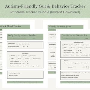 Könnte beinhalten: Ein druckbares Tracker-Bundle mit dem Titel "Autism-Friendly Gut & Behavior Tracker". Das Bundle enthält Formulare zur Verfolgung von Verhalten, Stimmung, täglichen Darmsymptomen und wöchentlichen Mustern. Die Formulare sind für Bildungs- und Organisationszwecke konzipiert.