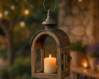 Portavelas rústico de madera con forma de farol / Decoración campestre de cristal con cúpula