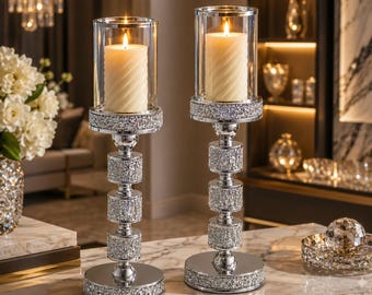 Juego de 2 portavelas altos, portavelas cilíndricos plateados con candelabro de cristal para centros de mesa de boda.
