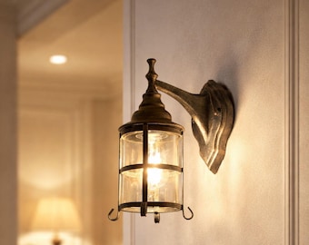 Rustic Farmhouse Wall Sconce | Amber Glass Bronze Lantern Light, Indoor Outdoor Lamp