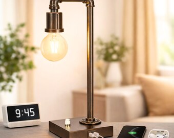 Lámpara de mesa industrial de metal con puertos USB para sala de estar / Lámpara de escritorio regulable con interruptor giratorio para ajustar el brillo / Decoración del hogar