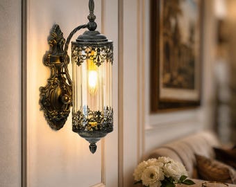 Aplique de pared exterior vintage con cristal ámbar / Lámpara de pared gótica para porche, entrada / Farol rústico para exteriores para decoración de estilo granja