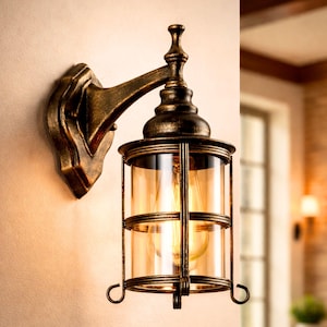 Rustic Farmhouse Wall Sconce | Amber Glass Bronze Lantern Light, Indoor Outdoor Lamp
