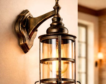 Aplique de pared rústico estilo granja / Lámpara de techo tipo farol de cristal ámbar y bronce, para interiores y exteriores.
