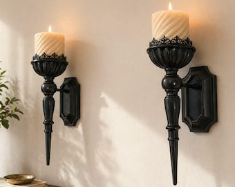 Juego de portavelas de pared de metal negro estilo gótico / apliques decorativos para sala de estar