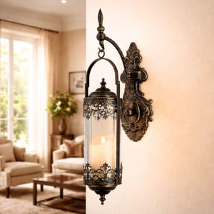 Gothic Rustic Candle Sconce – Hanging Lantern Wall Holder, Metal Glass Decor