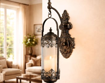 Gothic Rustic Candle Sconce – Hanging Lantern Wall Holder, Metal Glass Decor