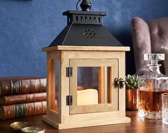 Farol de madera estilo granja / Portavelas colgante rústico, decoración para interiores y exteriores.