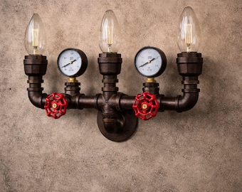 Steampunk Water Pipe Wall Lamp | 3 Light Rustic Industrial Wall Sconce Copper Color Fixture, Metal Wall Lights for Outdoor, Home Decor
